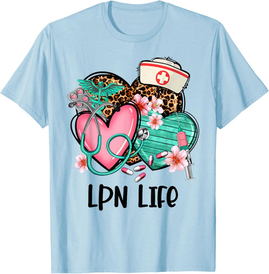 LPN Shirt Nurse Life Graphic Leopard Heart T-Shirt - T-Shirt | Light Blue