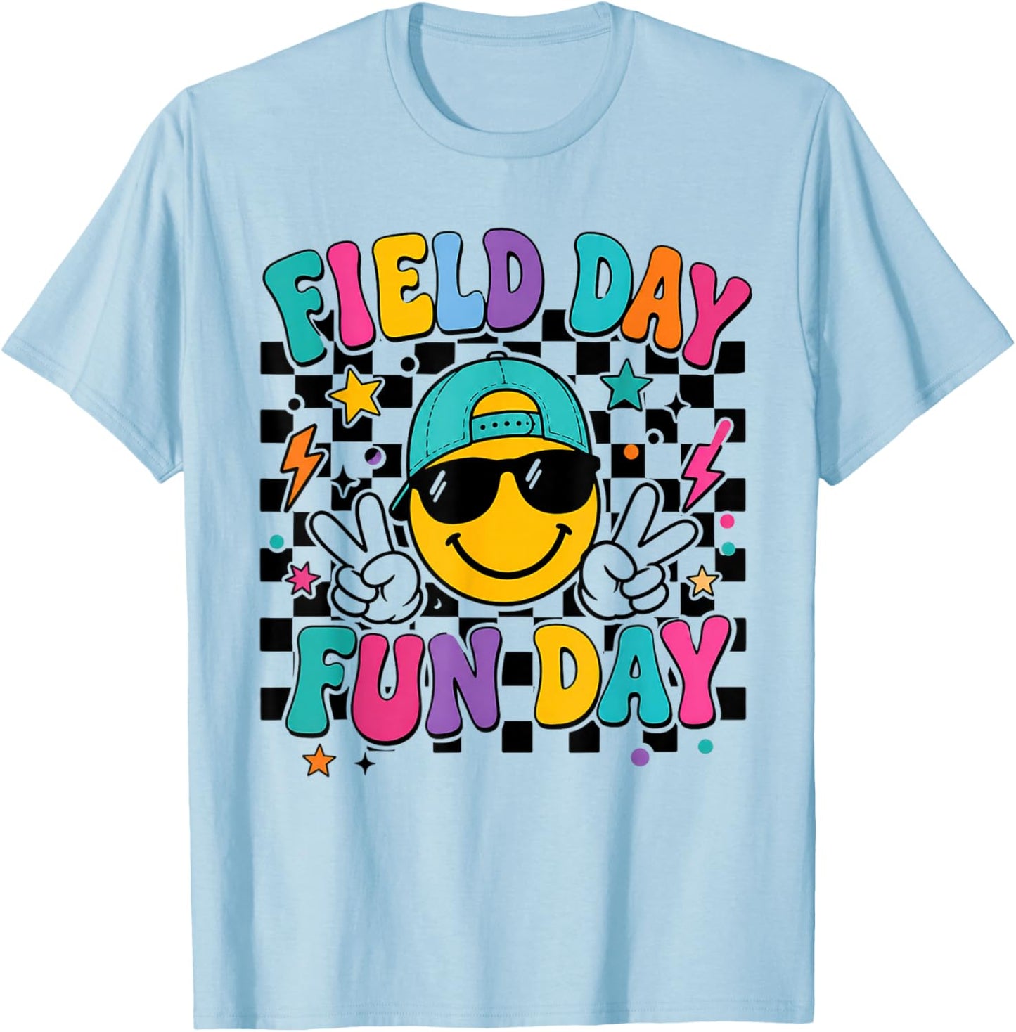 Field Day Fun Day Smile Face Teacher Kids Field Day 2026 T-Shirt - T-Shirt | Light Blue