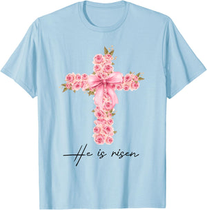 He Is Risen Coquette Bow Floral Cross Faith Easter Christian T-Shirt - T-Shirt | Light Blue