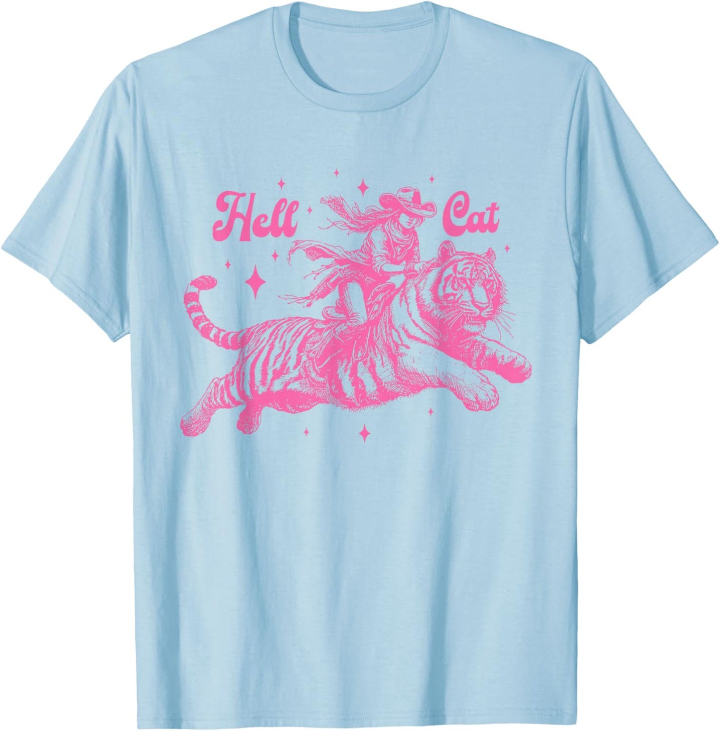 Hell Cat Cowgirl Riding Tiger Vintage T-Shirt - T-Shirt | Light Blue