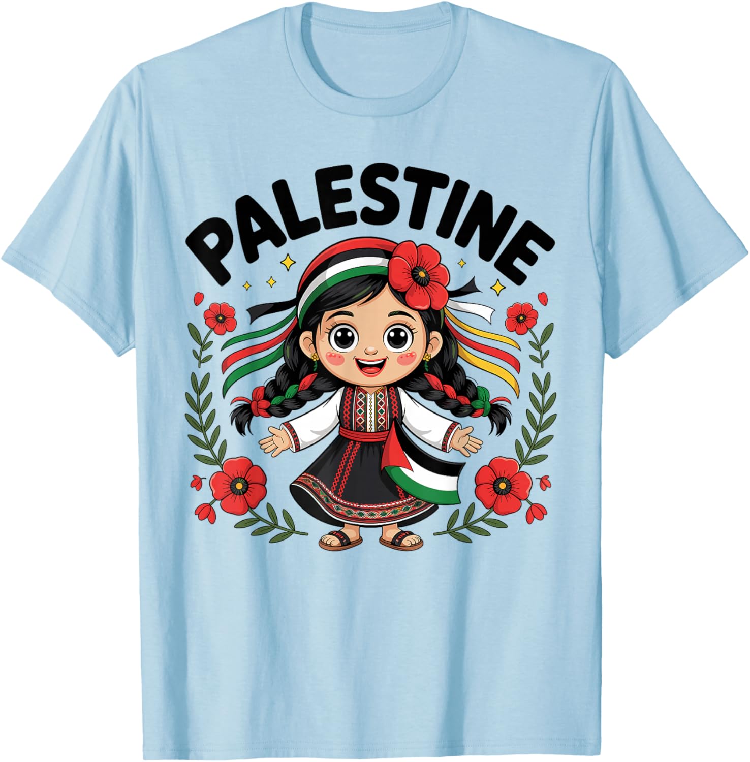 Cute Palestinian Girl in Traditional Embroidery Dress Kids T-Shirt - T-Shirt | Light Blue
