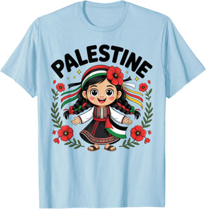 Cute Palestinian Girl in Traditional Embroidery Dress Kids T-Shirt - T-Shirt | Light Blue