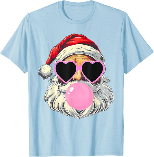 Santa Claus Blowing Bubble Gum Pink Sunglasses Christmas T-Shirt - T-Shirt | Light Blue