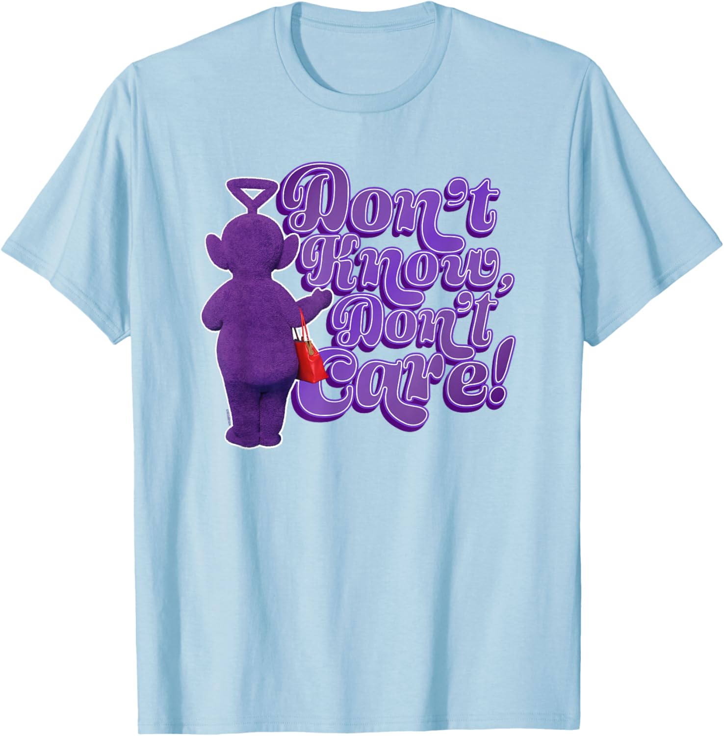 Teletubbies Tinky Winky Don't Know Don't Care Purple T-Shirt - T-Shirt | Light Blue