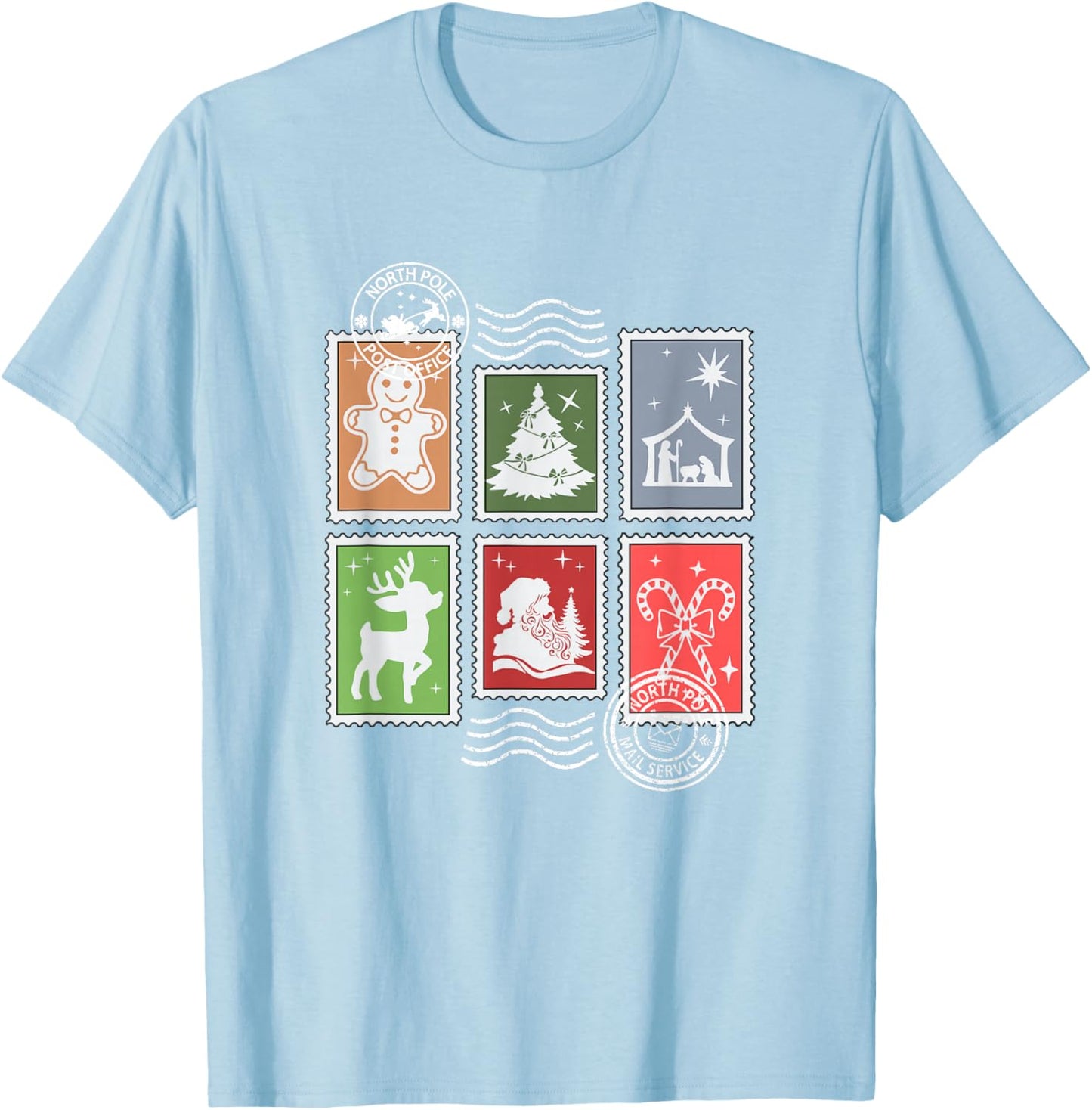 Classic Postage Stamps Christmas Mail T-Shirt - T-Shirt | Light Blue