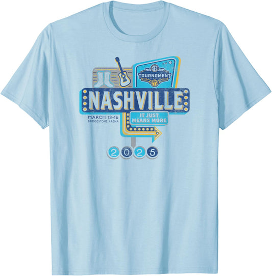 SEC Men's Basketball Tournament 2025 Vintage Nashville White T-Shirt - T-Shirt | Light Blue