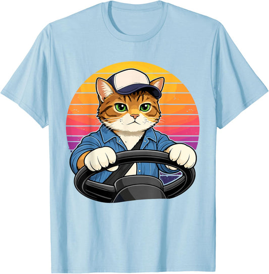Vintage Cat Truck Driver Funny Trucker T-Shirt - T-Shirt | Light Blue