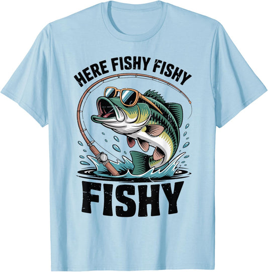 Youth Boy Here-Fishy Fishing-Shirt Toddler Small Mouth Bass T-Shirt - T-Shirt | Light Blue