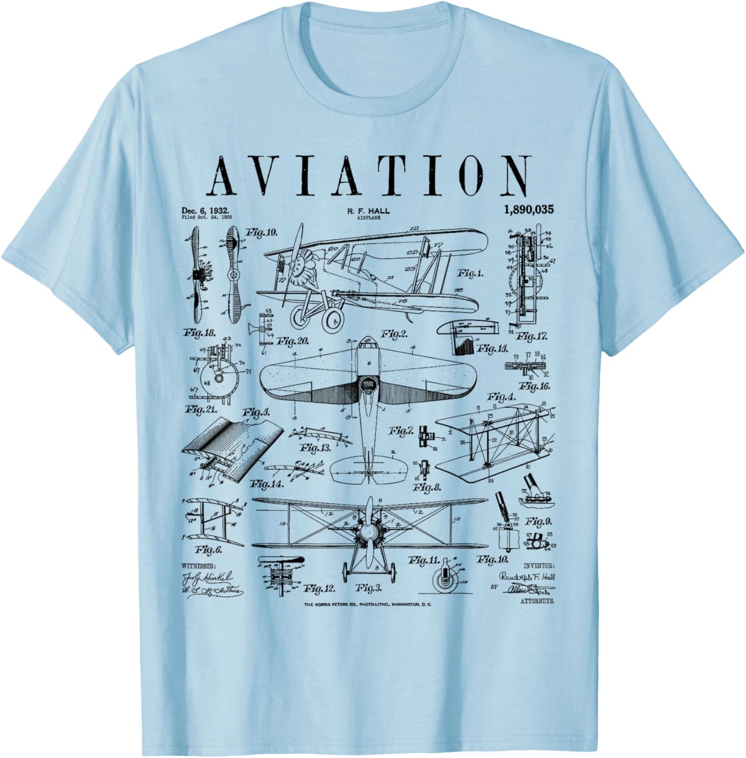 Aeroplane Aviation Double Decker Aeroplane Vintage Patent Print T-Shirt - T-Shirt | Light Blue