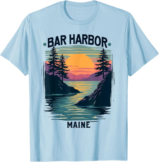 Bar Harbor Maine Vintage Sunset Scenic T-Shirt - T-Shirt | Light Blue