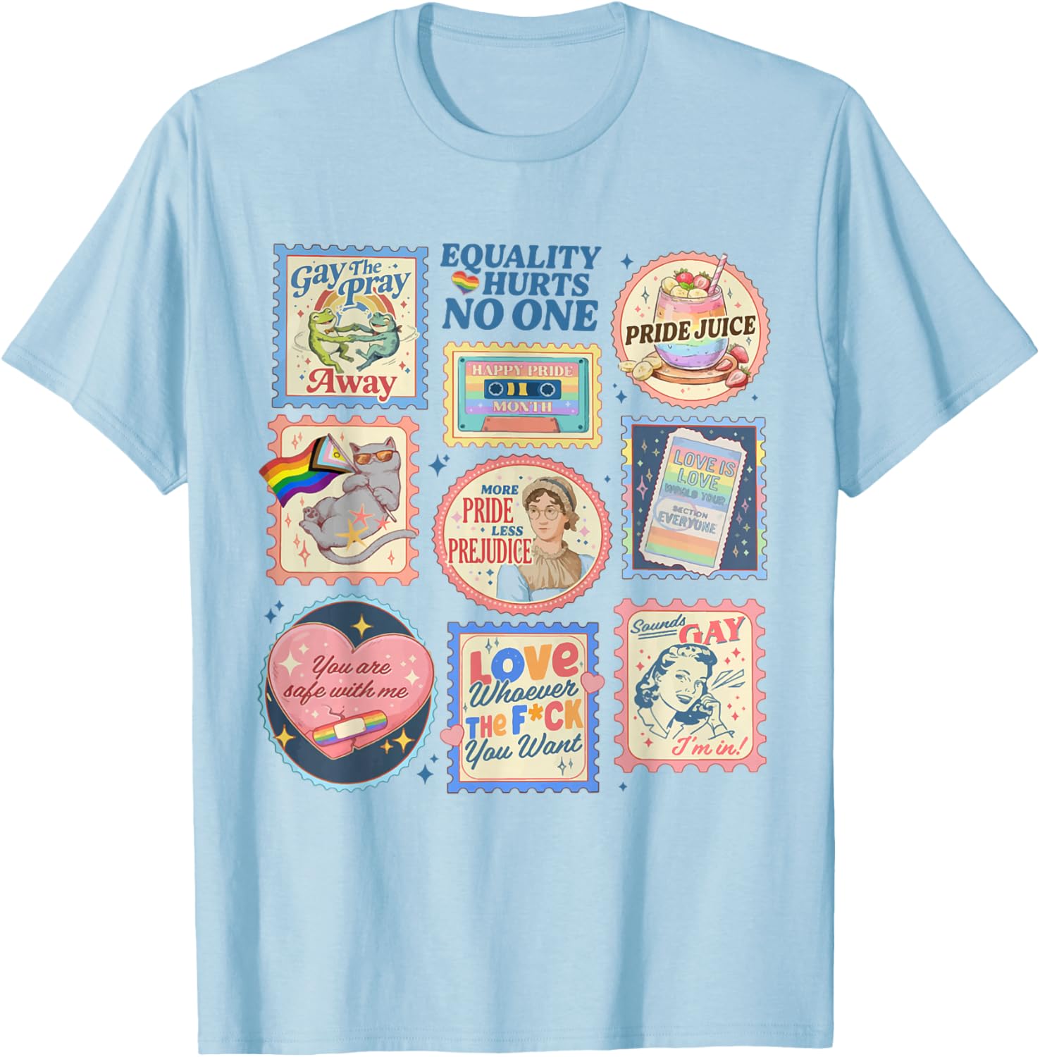 Retro Pride Month LGBTQ Stamps You are Safe with Me Gay Ally T-Shirt - T-Shirt | Light Blue