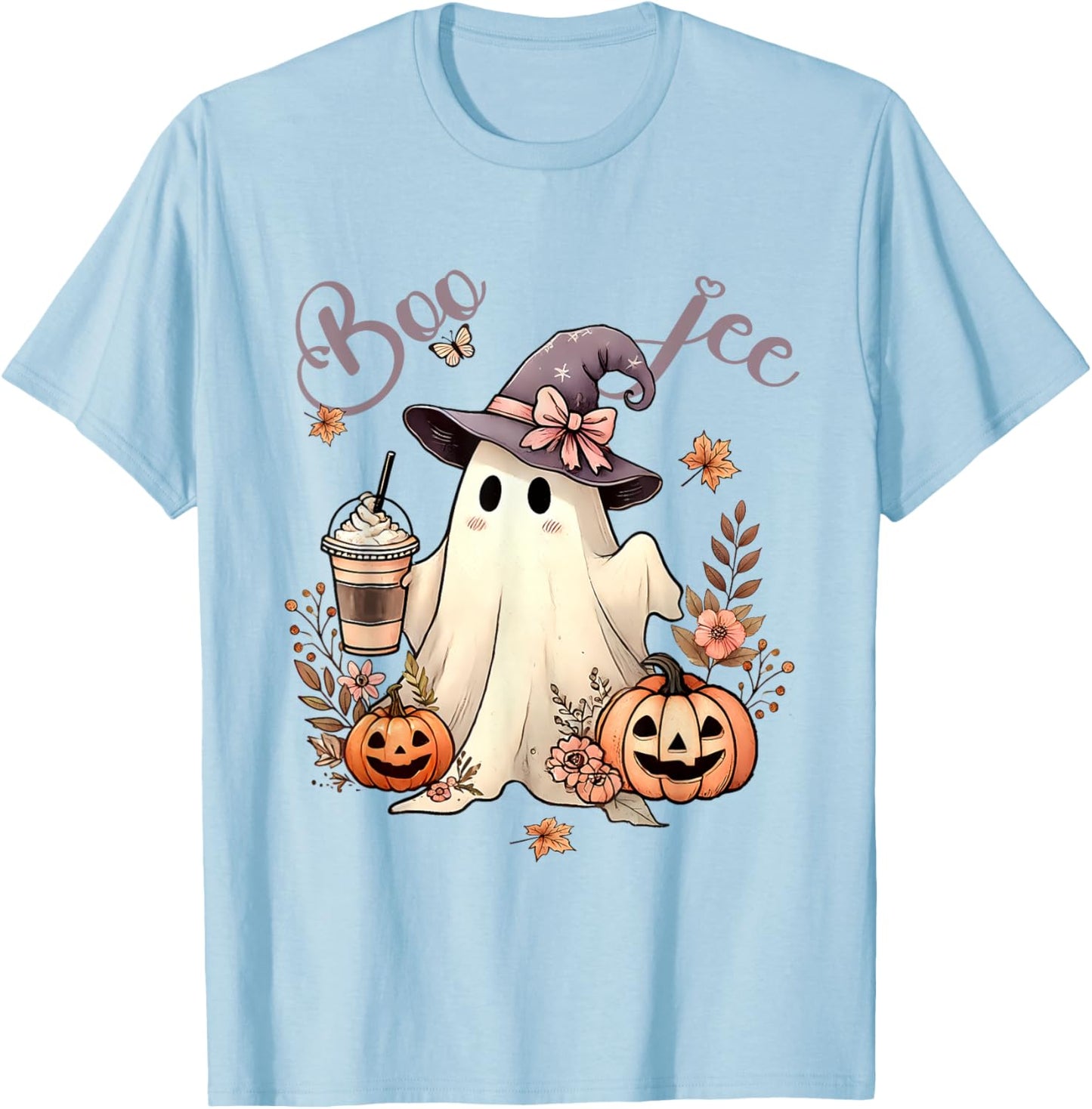 Boo Jee Ghost Ice Coffee Coquette Bow Halloween Women Girl T-Shirt - T-Shirt | Light Blue