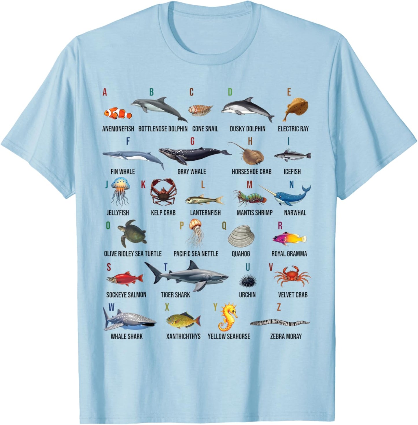 A-Z Ocean Life Alphabet Marine Creatures Exploration T-Shirt - T-Shirt | Light Blue