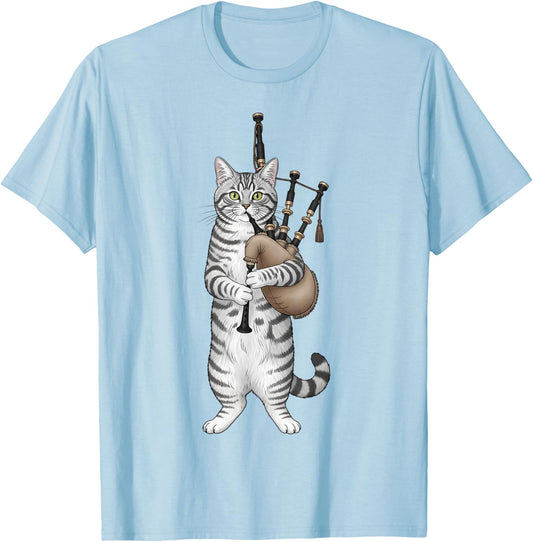 Funny Cat Playing Bagpipes Men Women Kids Boys Bagpipe T-Shirt - T-Shirt | Light Blue