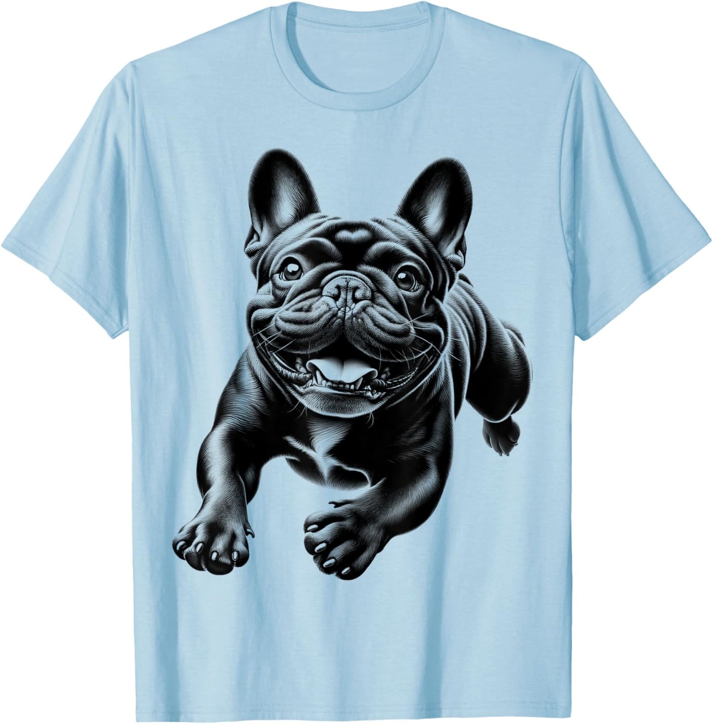 Cheerful Black French Bulldog in Jump Men Women Kids T-Shirt - T-Shirt | Light Blue