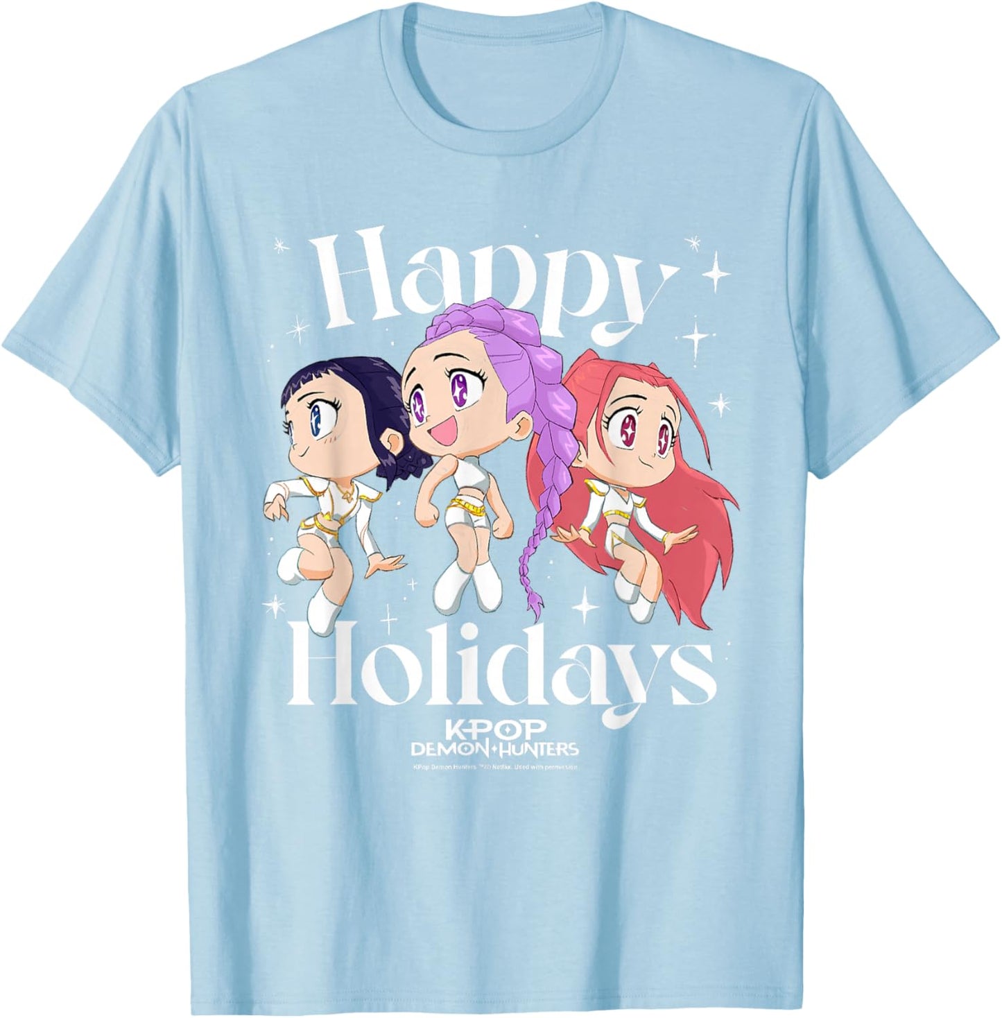 KPop Demon Hunters Huntrix Group Happy Holidays T-Shirt - T-Shirt | Light Blue
