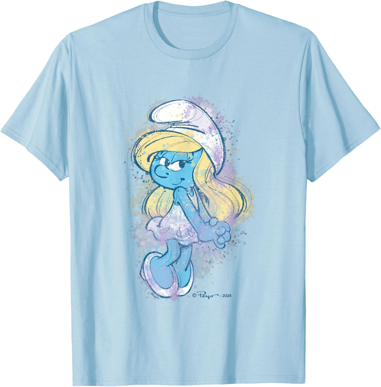 The Smurfs Cute Smurfette Watercolor Portrait Distressed T-Shirt - T-Shirt | Light Blue
