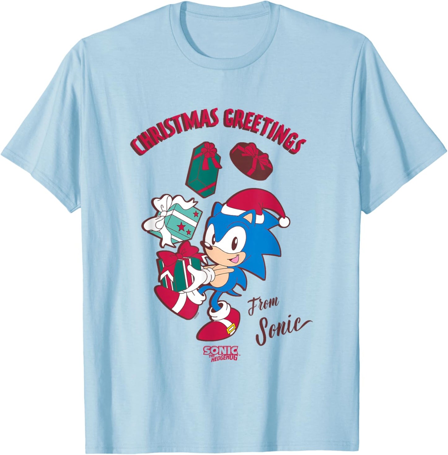 Sonic The Hedgehog Christmas Greetings From Sonic Retro T-Shirt - T-Shirt | Light Blue