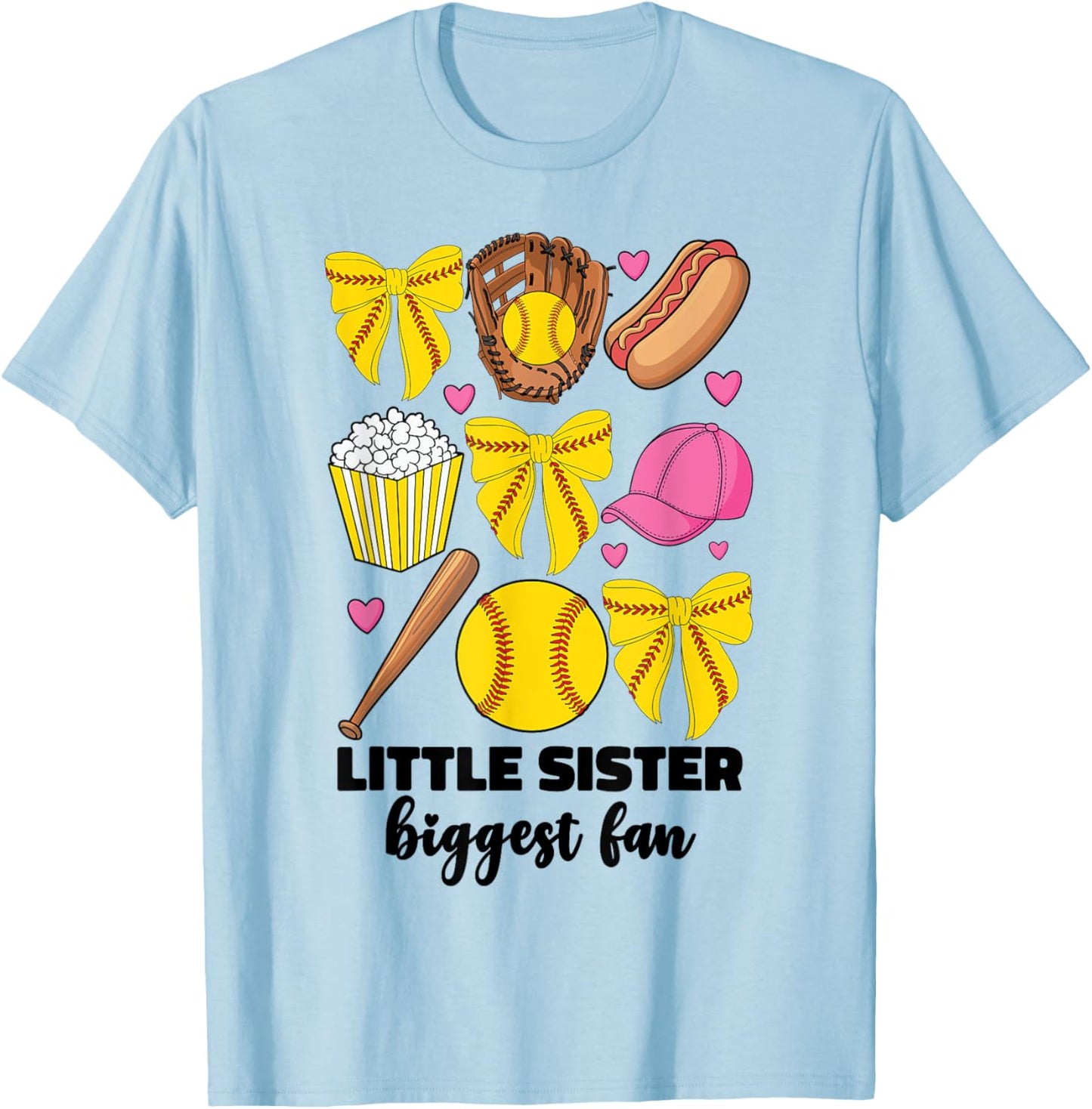 Little Sister Biggest Fan Softball Teen Girls Coquette Bow T-Shirt - T-Shirt | Light Blue