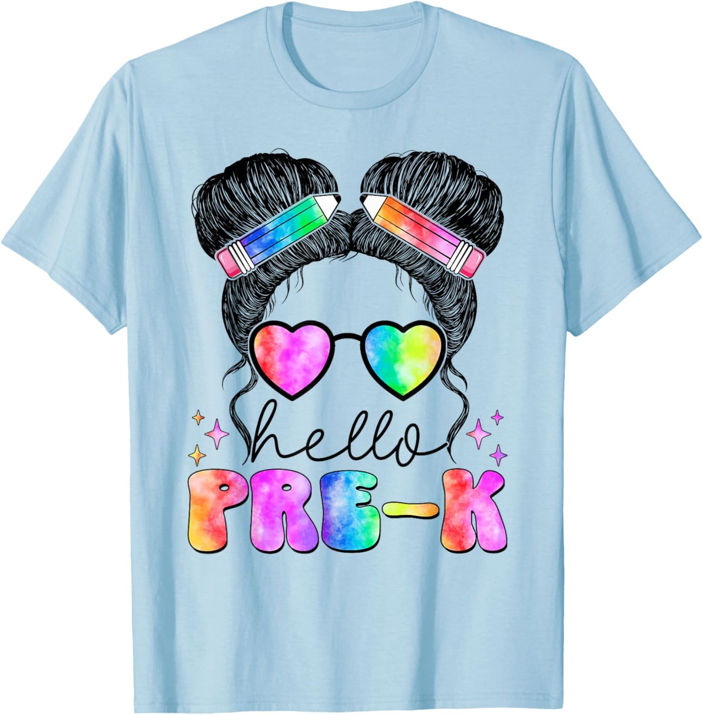 Messy Hair Bun Girl Back To School First Day Hello Pre K T-Shirt - T-Shirt | Light Blue