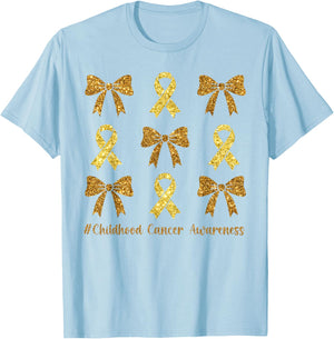 Coquette Gold Ribbon We Wear Gold Childhood Cancer Awareness T-Shirt - T-Shirt | Light Blue