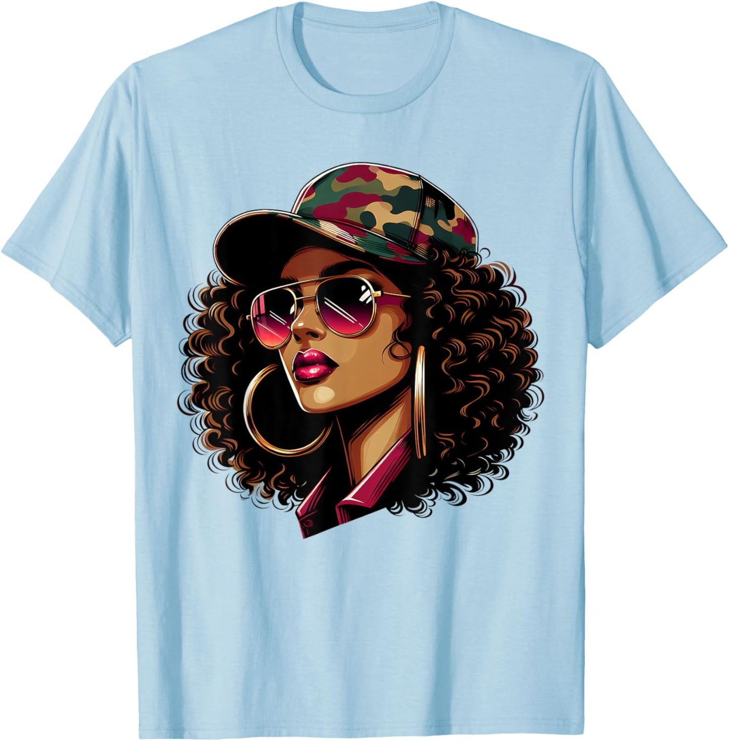 Queen Black Woman With Camo Cap Locs African American T-Shirt - T-Shirt | Light Blue