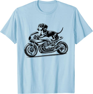 Cool Dachshund Riding a Motorcycle Biker Dog Lover T-Shirt - T-Shirt | Light Blue