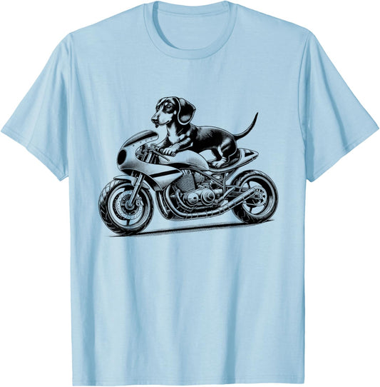 Cool Dachshund Riding a Motorcycle Biker Dog Lover T-Shirt - T-Shirt | Light Blue