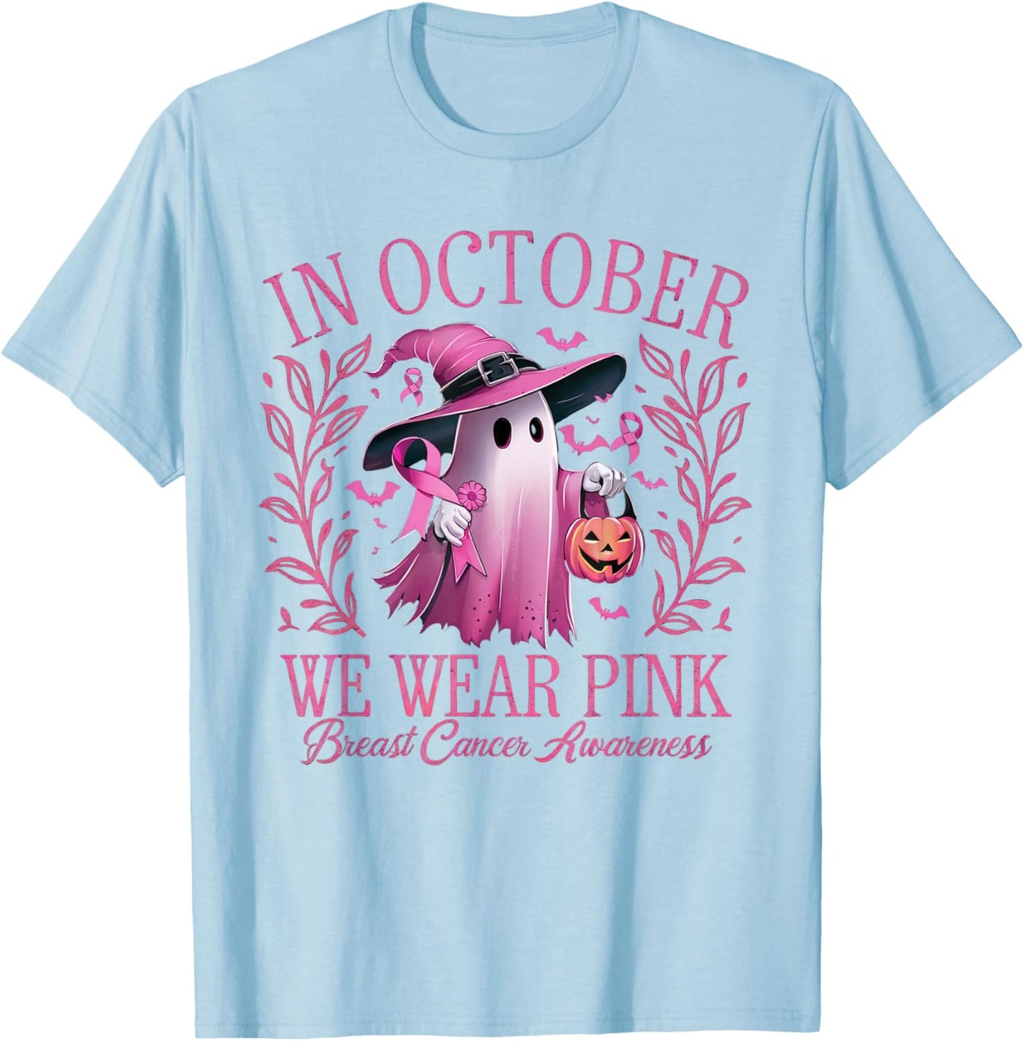 In October We Wear Pink Breast Cancer Awareness Halloween T-Shirt - T-Shirt | Light Blue
