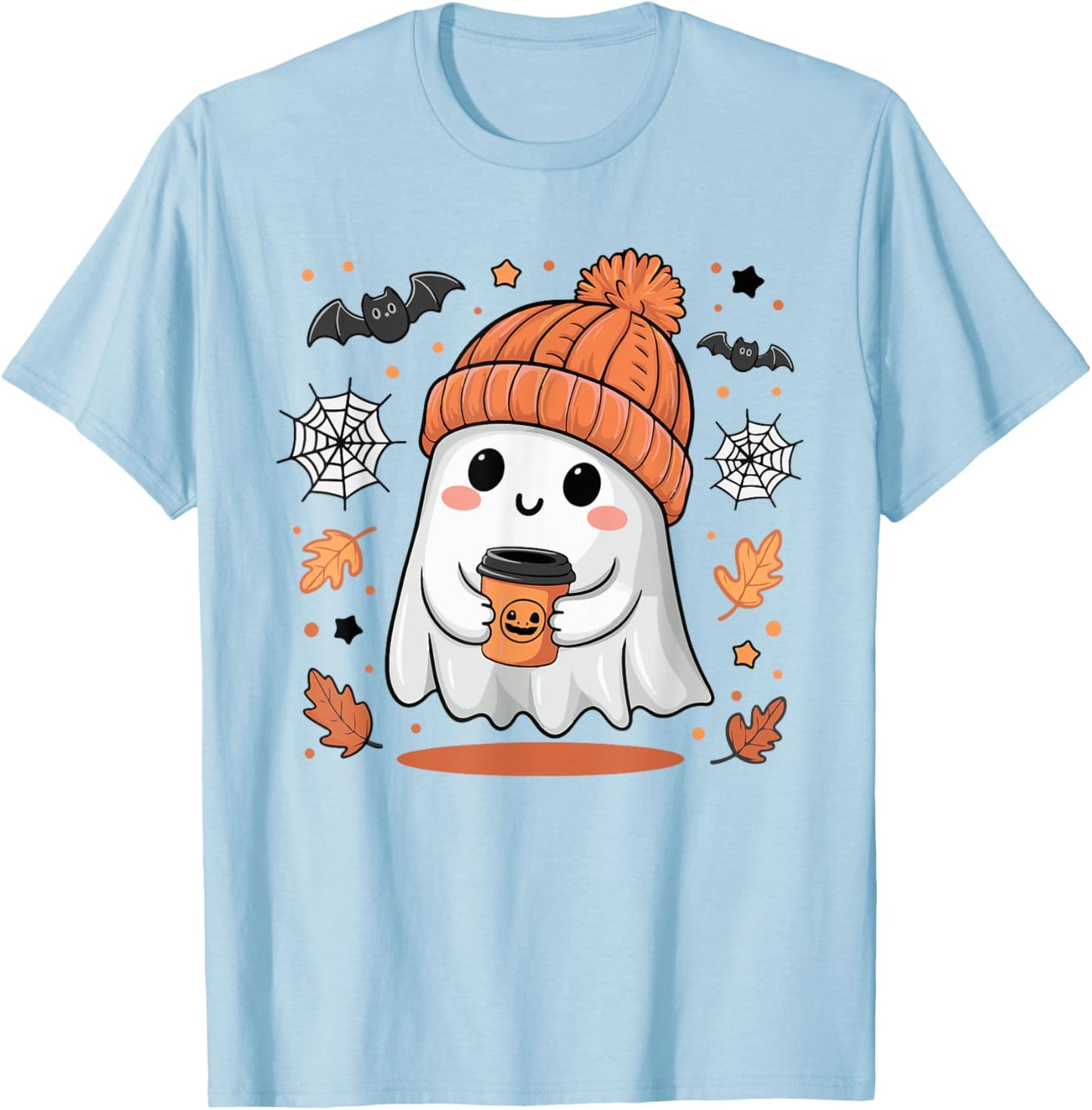 Cute Ghost Drinking Coffee Halloween Ghost Ice Coffee T-Shirt - T-Shirt | Light Blue