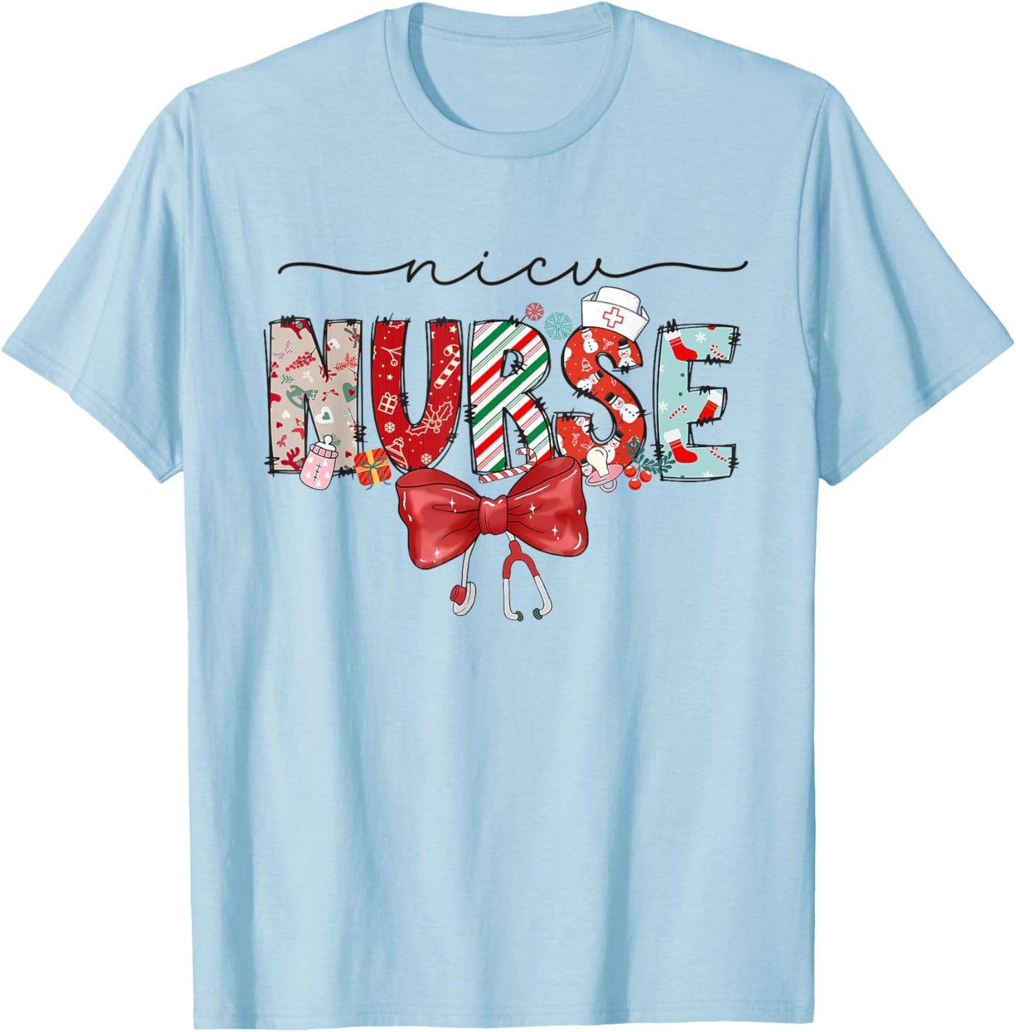 NICU Nurse Christmas Coquette Bow Holiday NICU Crew Team T-Shirt - T-Shirt | Light Blue