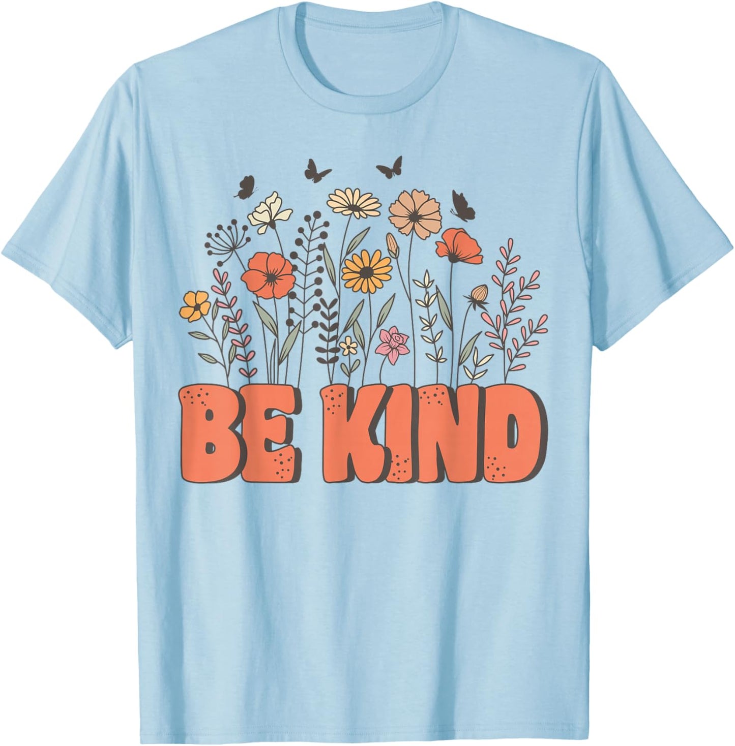 Groovy Be Kind Retro Cute Wildflowers Positivity Kindness T-Shirt - T-Shirt | Light Blue