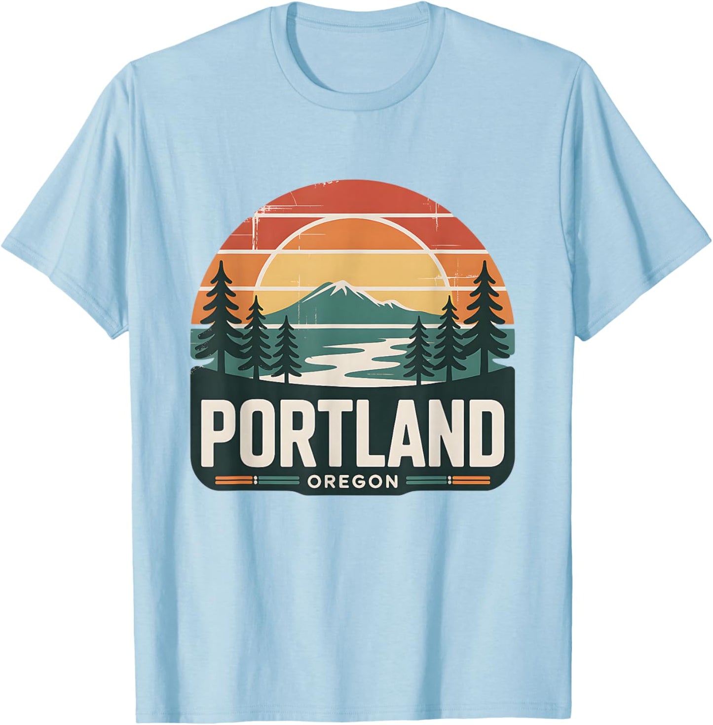 Portland Oregon Sunset Retro Mount Hood Forest Scenic T-Shirt - T-Shirt | Light Blue