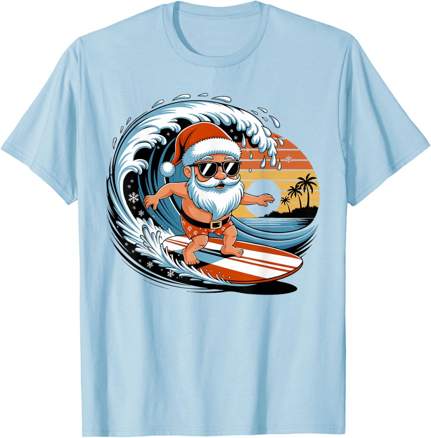 Santa Surfing Hawaiian Beach Christmas in July Tropical Xmas T-Shirt - T-Shirt | Light Blue
