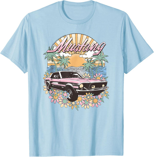 Ford – Vintage Pink Mustang Floral Beach Sunset Palmen T-Shirt - T-Shirt | Light Blue