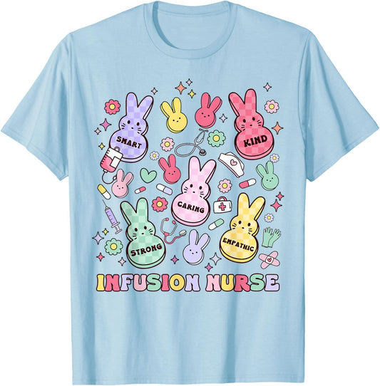 Easter Infusion Nurse Bunny Pediatric Chemo Hem Onc Retro T-Shirt - T-Shirt | Light Blue