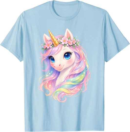 Cute Unicorn, Unicorn with Rainbow Hair, Unicorn T-Shirt - T-Shirt | Light Blue