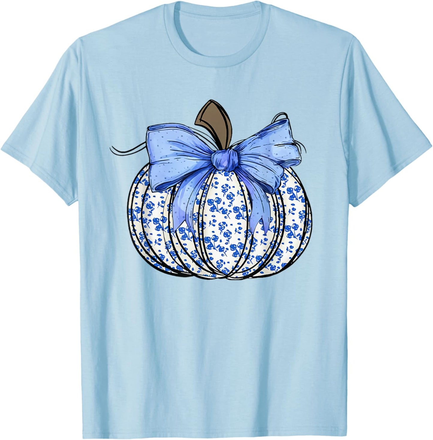 Retro Coquette Bow Blue Floral Pumpkin Halloween Autumn Fall T-Shirt - T-Shirt | Light Blue