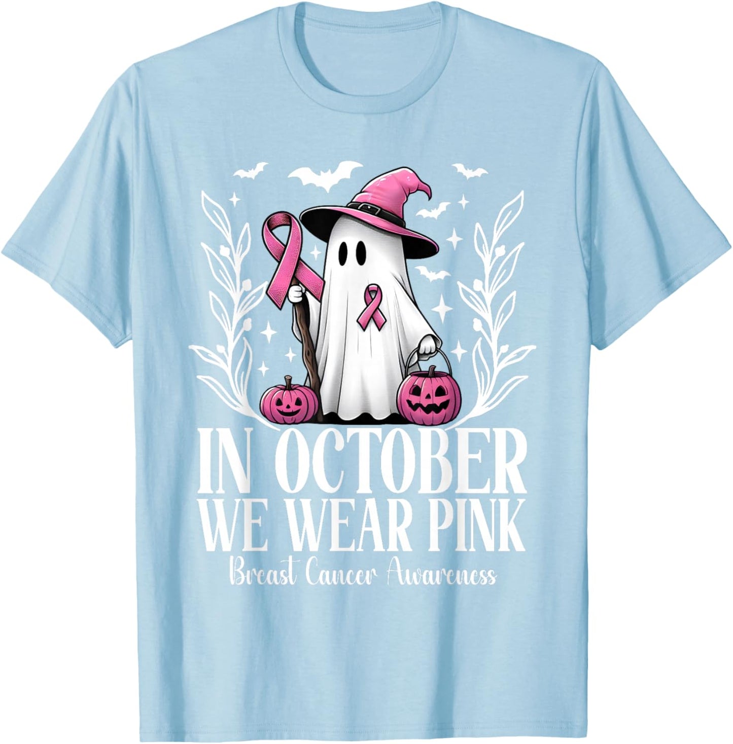 In October We Wear Pink Breast Cancer Ghost Witch Halloween T-Shirt - T-Shirt | Light Blue