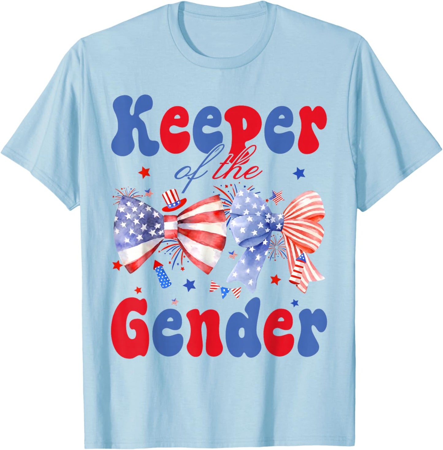 Keeper of The Gender 4th of July Bow Gender Reveal Party T-Shirt - T-Shirt | Light Blue
