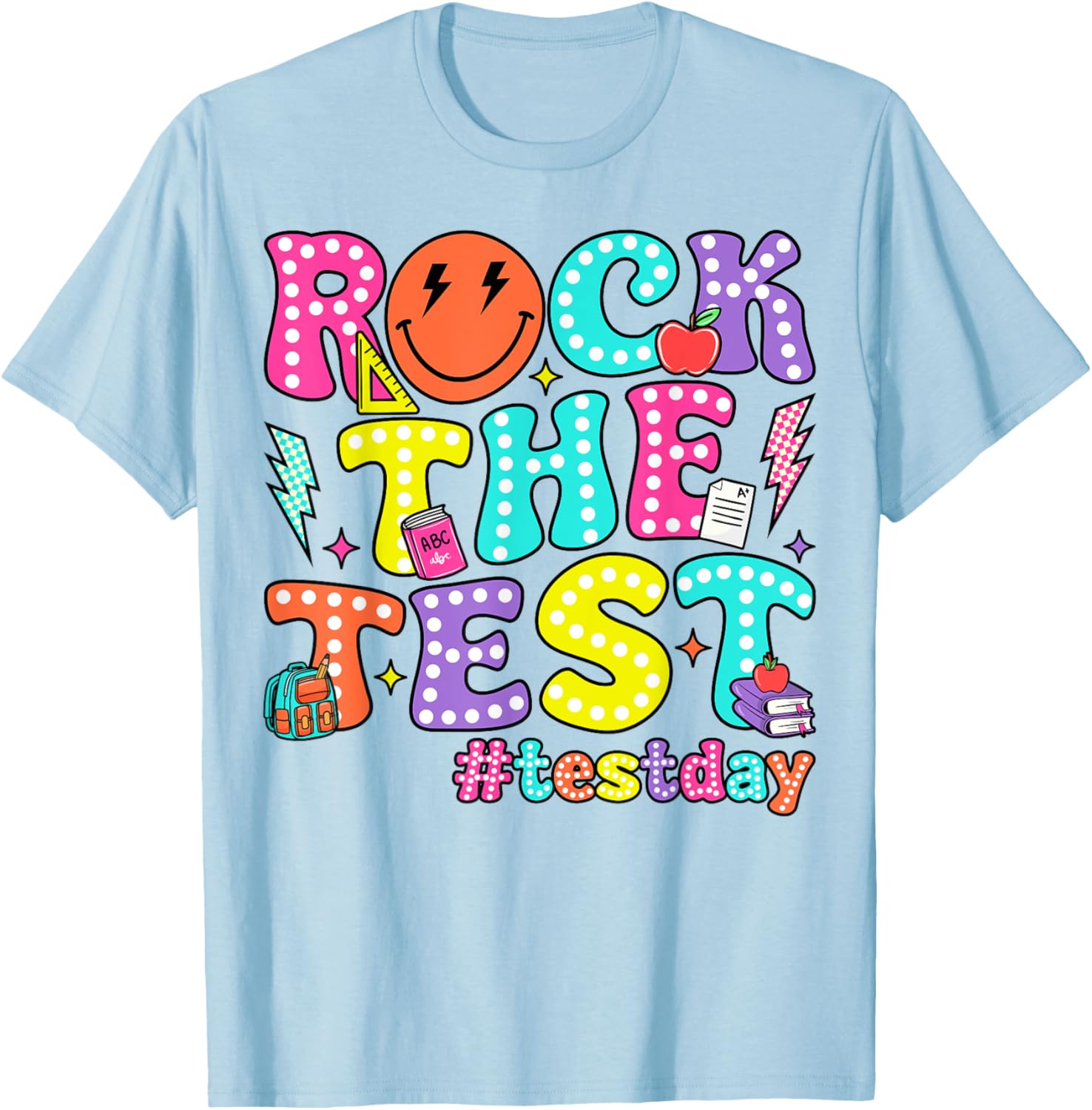 Rock The Test Testing Day Retro Motivational Teacher Student T-Shirt - T-Shirt | Light Blue