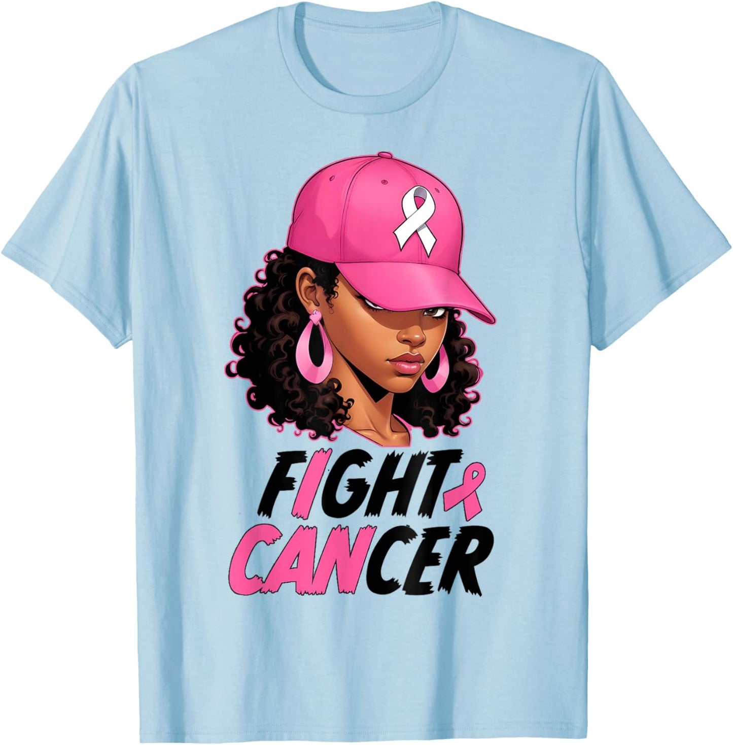 Black Girl Black Woman Breast Cancer Awareness Pink Ribbon T-Shirt - T-Shirt | Light Blue