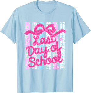 Striped Last Day of School Coquette Floral Teacher Summer T-Shirt - T-Shirt | Light Blue