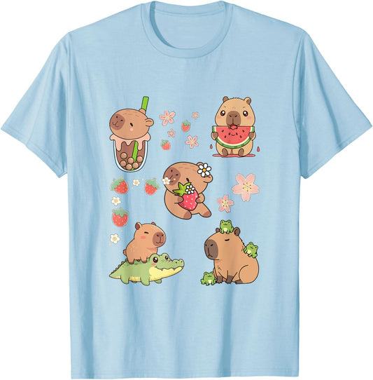 Cute Kawaii Pyjamas Capybara Boba Tea for Girls and Women T-Shirt - T-Shirt | Light Blue