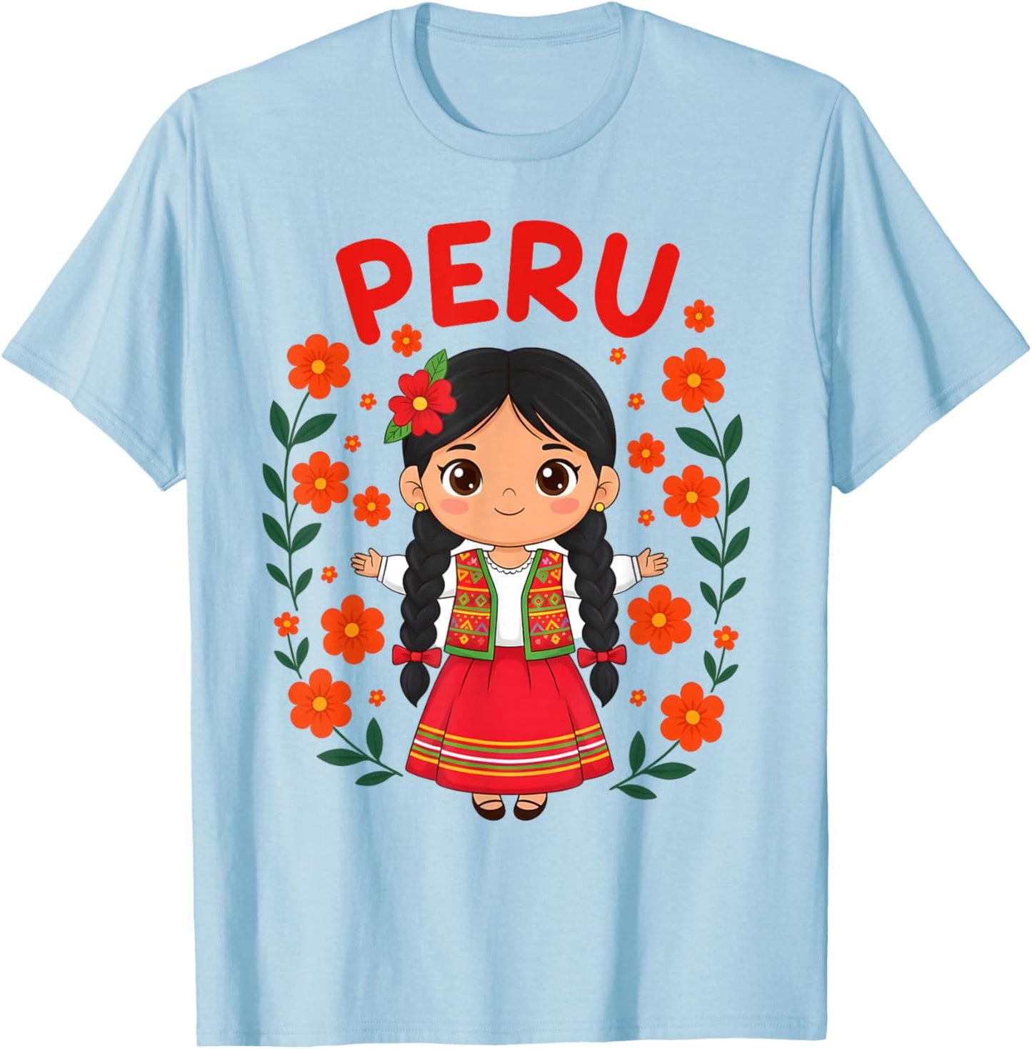 Cute Peru Girl Traditional Dress Colorful Flowers Girls Kids T-Shirt - T-Shirt | Light Blue