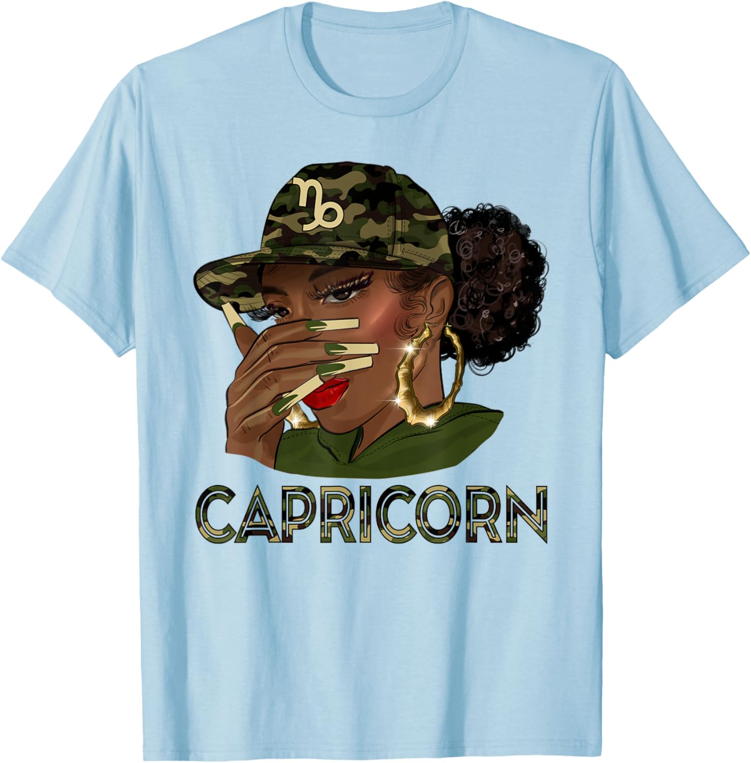 Capricorn Queen Black Girl With Cap Camo Afro Woman Zodiac T-Shirt - T-Shirt | Light Blue