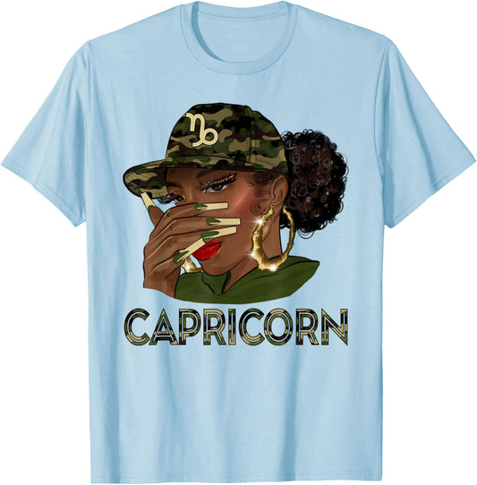 Capricorn Queen Black Girl With Cap Camo Afro Woman Zodiac T-Shirt - T-Shirt | Light Blue