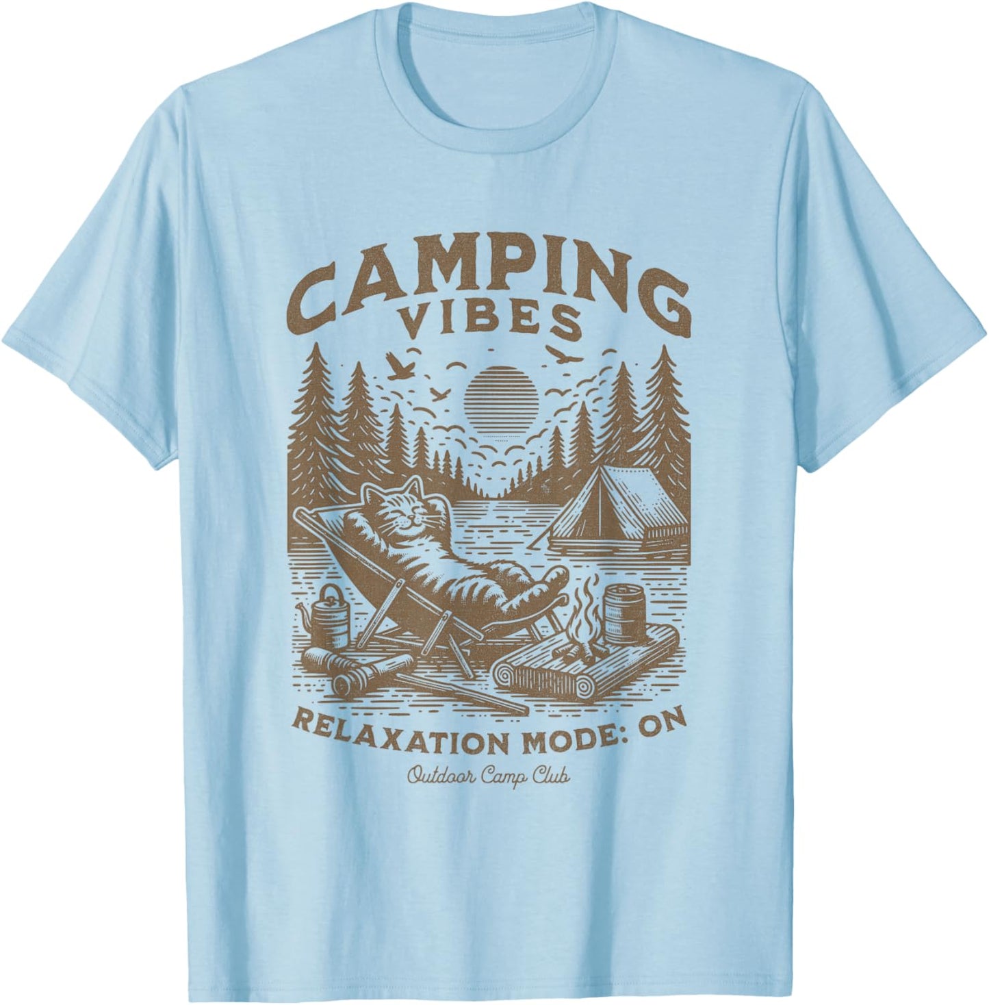 Camping Vibes Funny Cat Campfire Outdoor Nature Lovers Camp Men Women Kids T-Shirt - T-Shirt | Light Blue