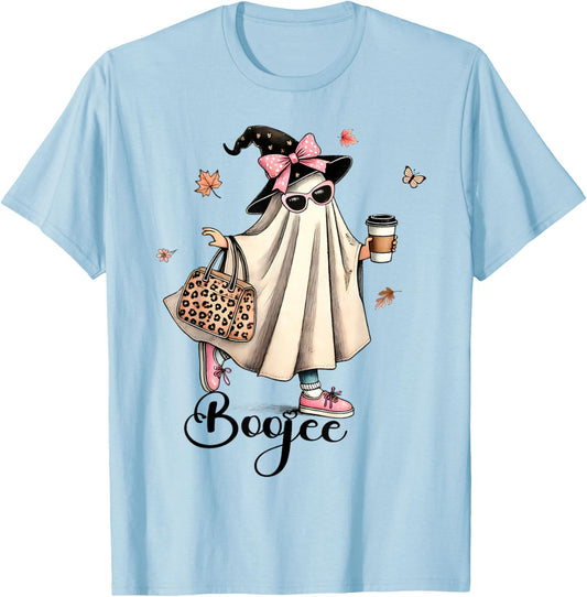 Boo Jee Ghost Ice Coffee Coquette Bow Halloween Women Girl T-Shirt - T-Shirt | Light Blue