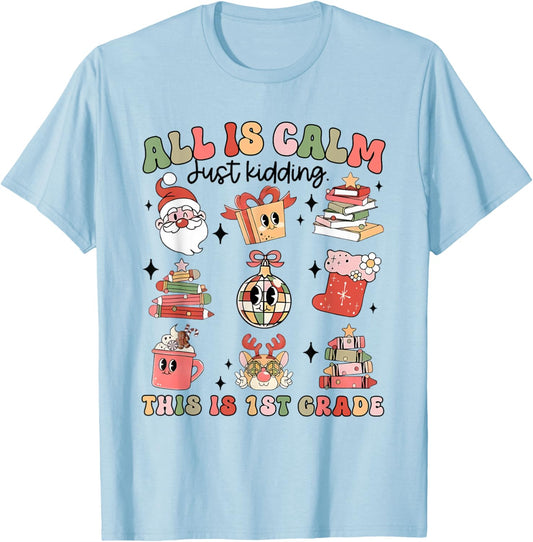 Retro First Grade Teacher Christmas All Is Calm Disco Ball T-Shirt - T-Shirt | Light Blue